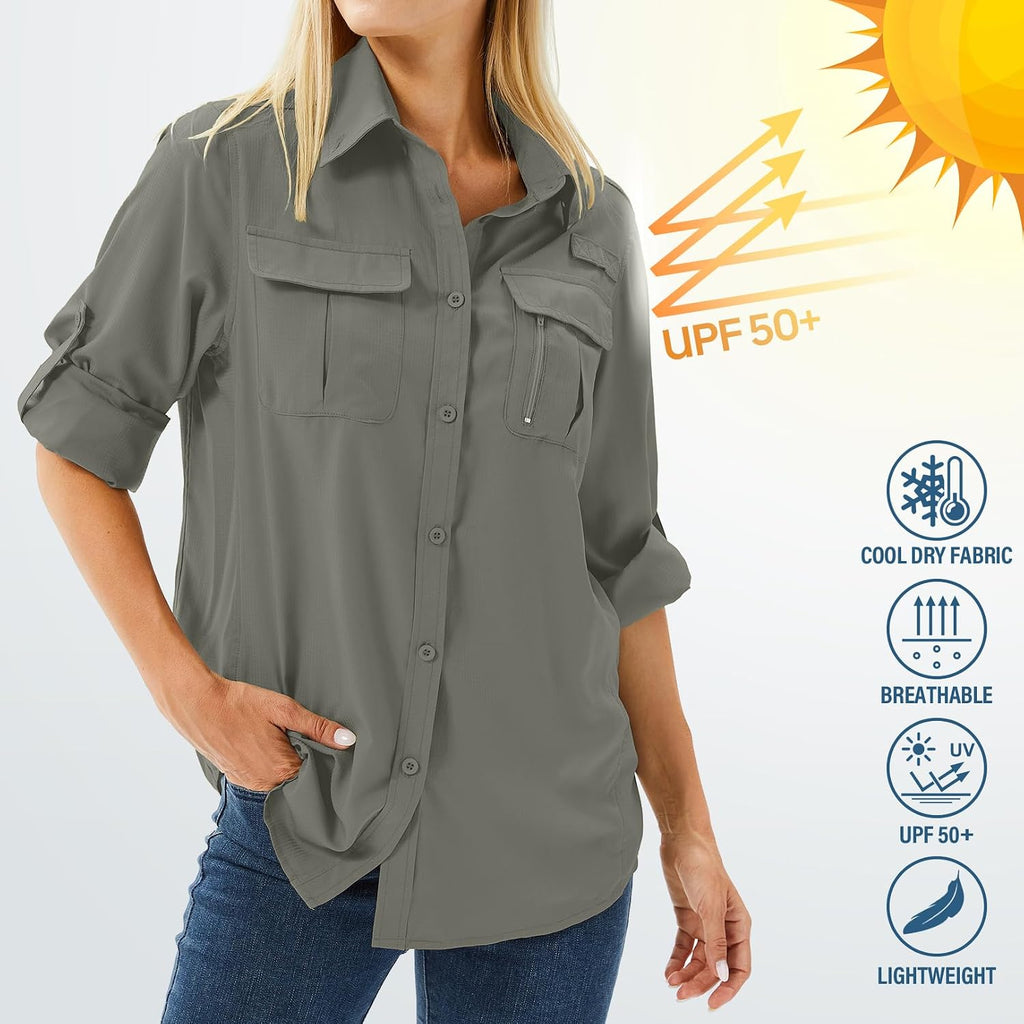 Women's UPF 50 Long Sleeve Sun Protection Safari Fish Hiking Shirts