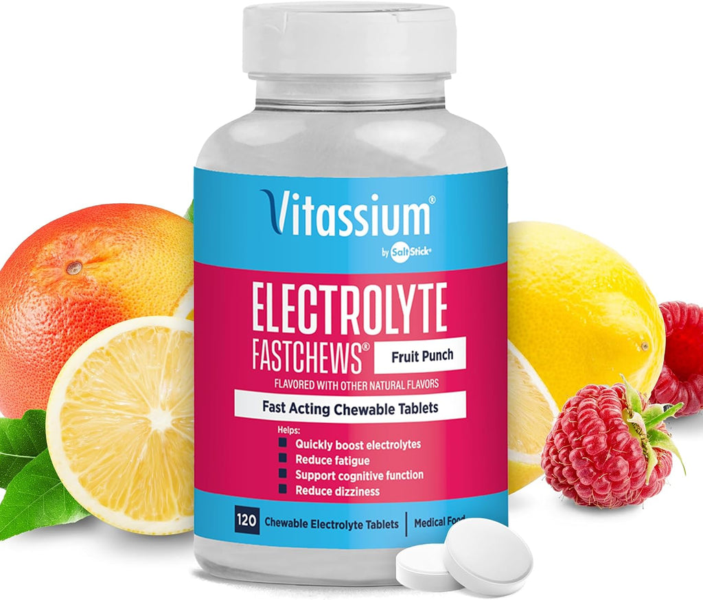 Vitassium FastChews, Chewable Electrolyte Tablets for Management of POTS and High Sodium Diets, Fast-Acting Sodium Tablets, Fruit Punch, 120 Count