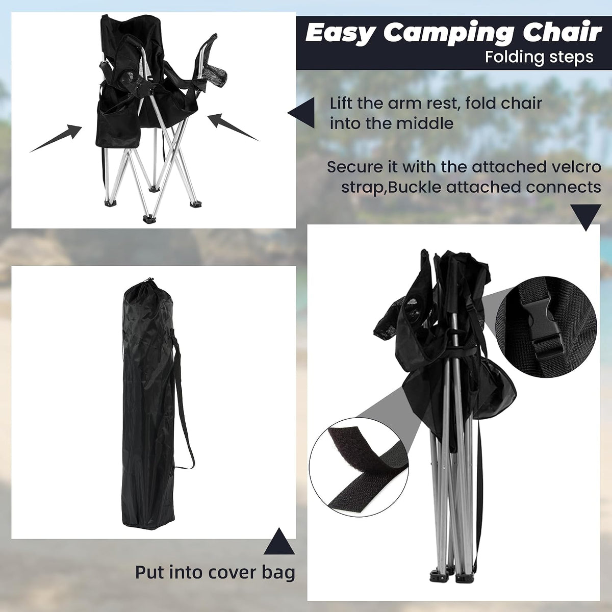 HULKFIT 2 Pack Folding Camping Chair – Heavy Duty Portable Outdoor Beach Chair for Adults with Breathable Mesh Back, Cup Holder & Carry Bag – Ideal for Backyard, Tailgating, Hiking & Travel,Black