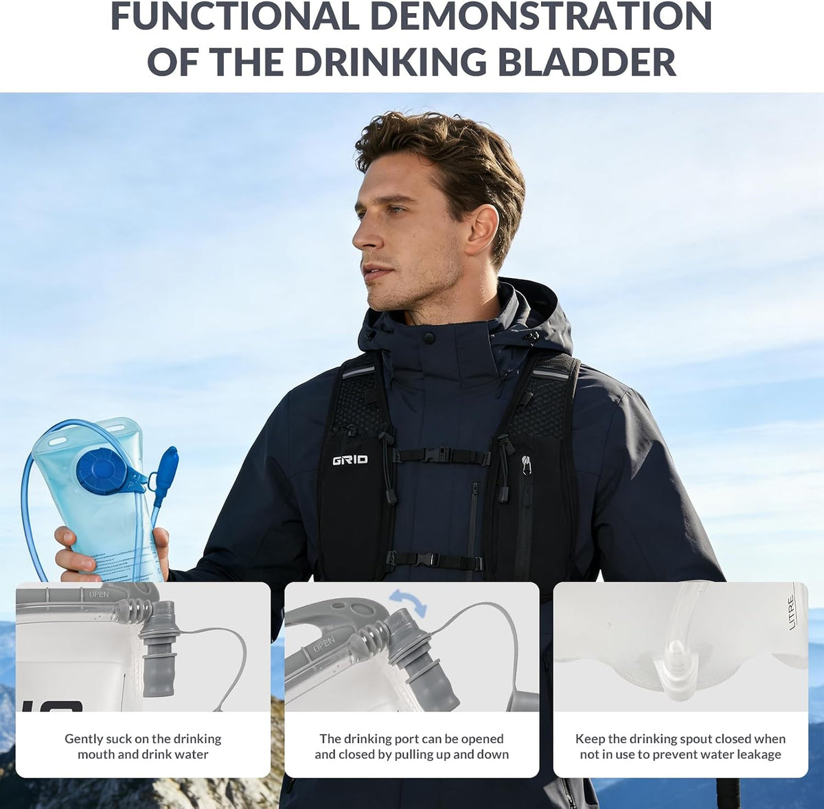 GRIO Hydration Running Vest for Women Men, Water Backpack for Hiking ,with 1.5L Water Bladder, Lightweight Breathable Reflective Hydration Pack for Marathon, Trail, Hiking, Cycling