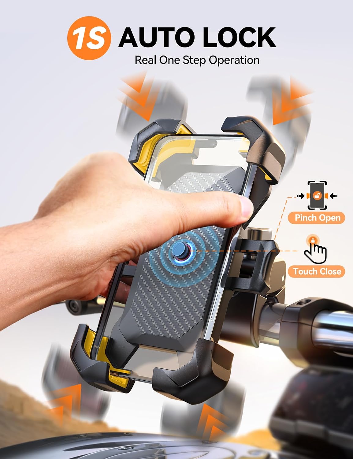 JOYROOM Motorcycle Phone Mount, [1s Auto Lock][100mph Military Anti-Shake] Bike Phone Holder for Bicycle, [10s Quick Install] Handlebar Phone Mount, Compatible with iPhone, Samsung, All Phone, Yellow