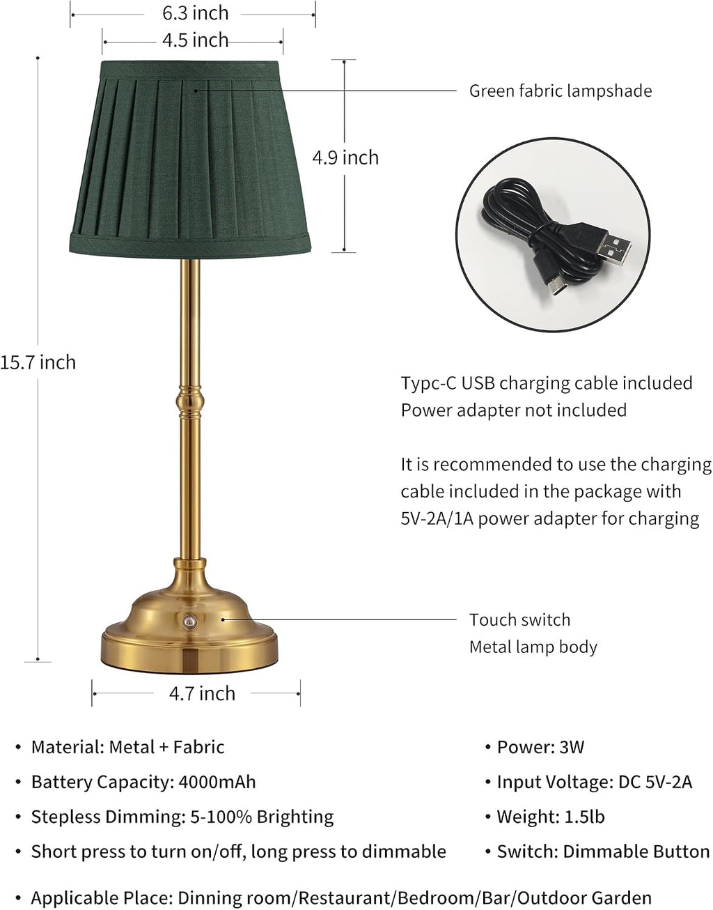 KDG Gold Cordless LED Table Lamps Set of 2, Green Fabric Shade Desk Lamps