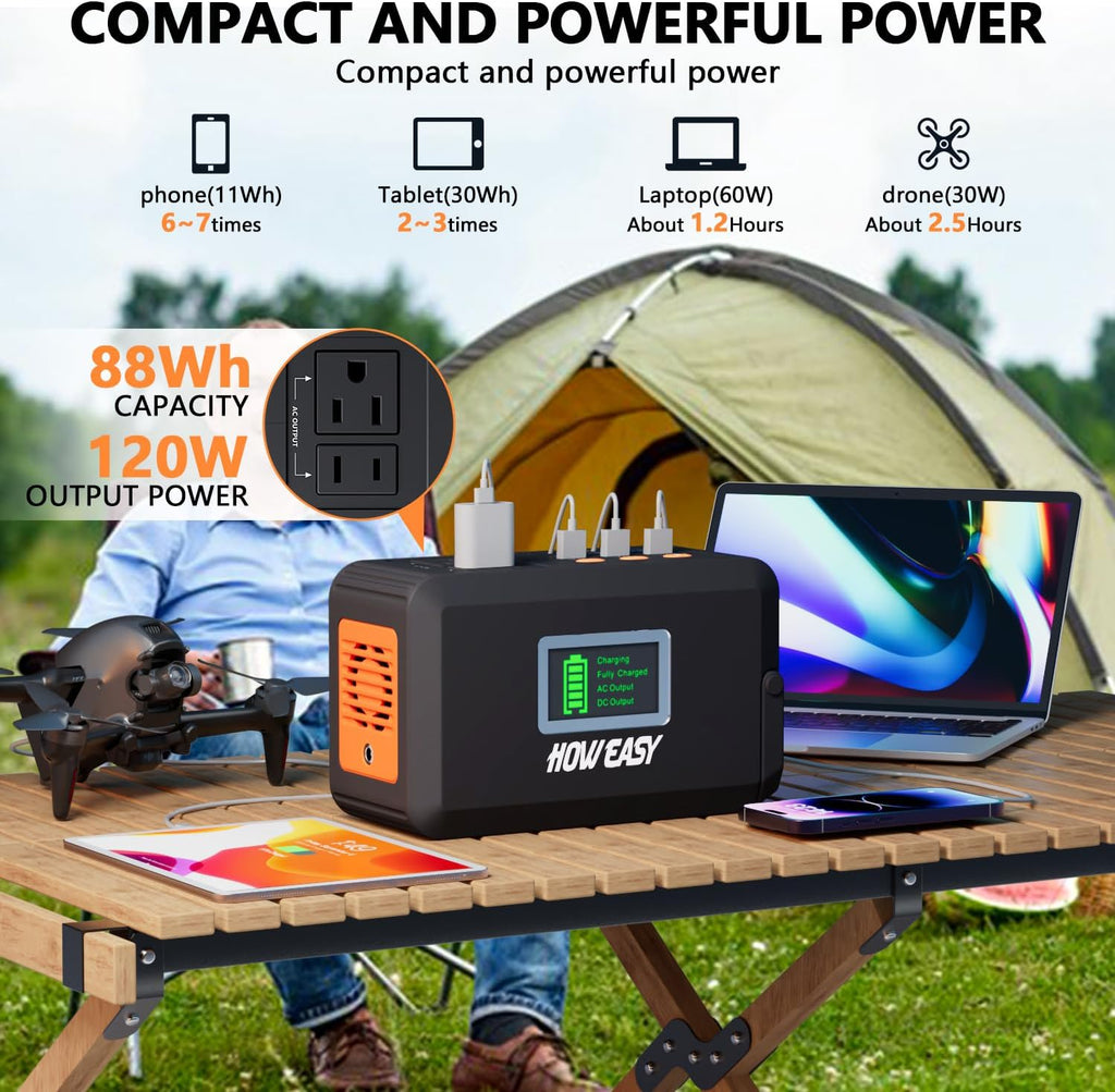 HOWEASY Portable Power Station,120W(240W Peak) Solar Generator | 88Wh Lithium Battery Power with 110V AC Outlet/DC/USB/LED Light for Outdoor Camping Trip Hunting Emergency