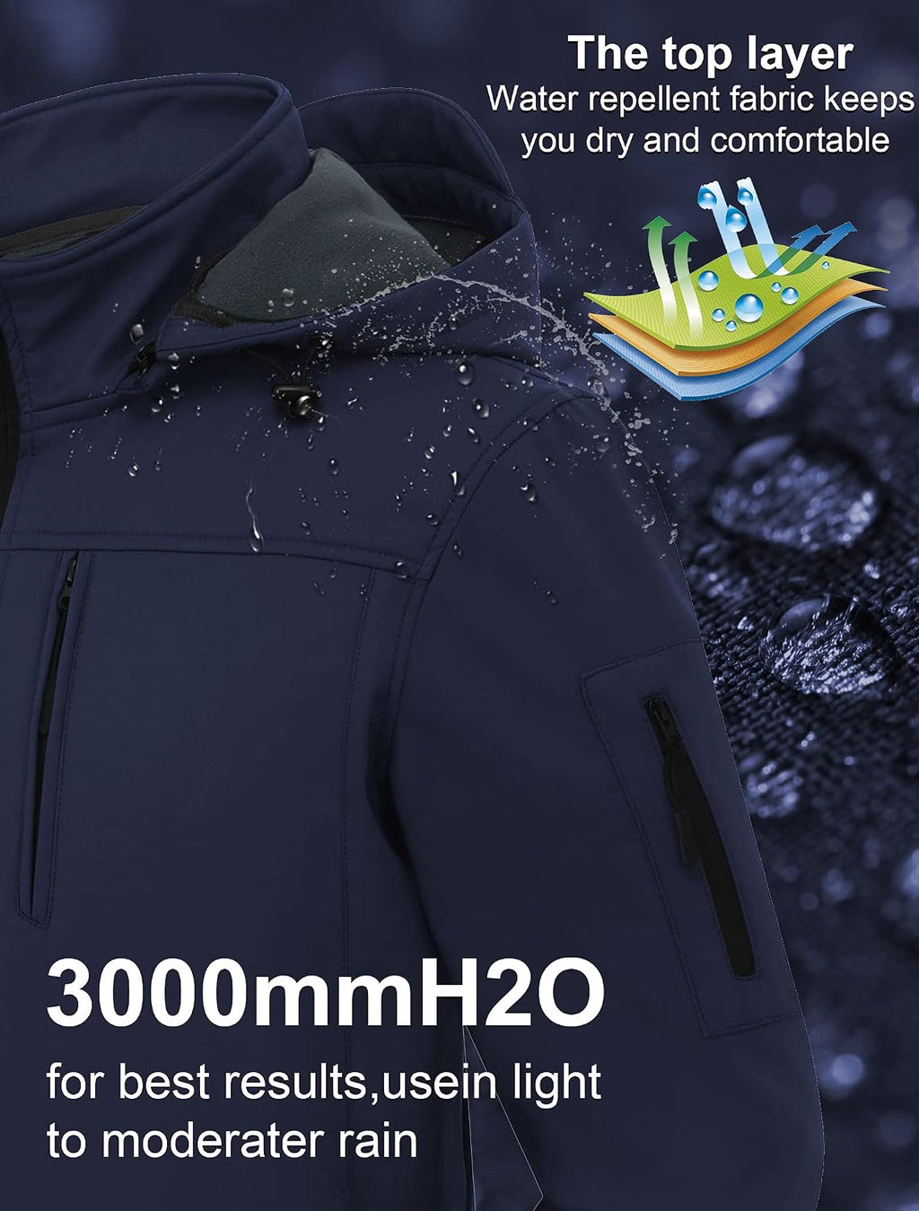 CREATMO US Men's Softshell Military Jacket With Removable Hood, Fleece Lined and Water Repellent Outdoor Reflective Coat