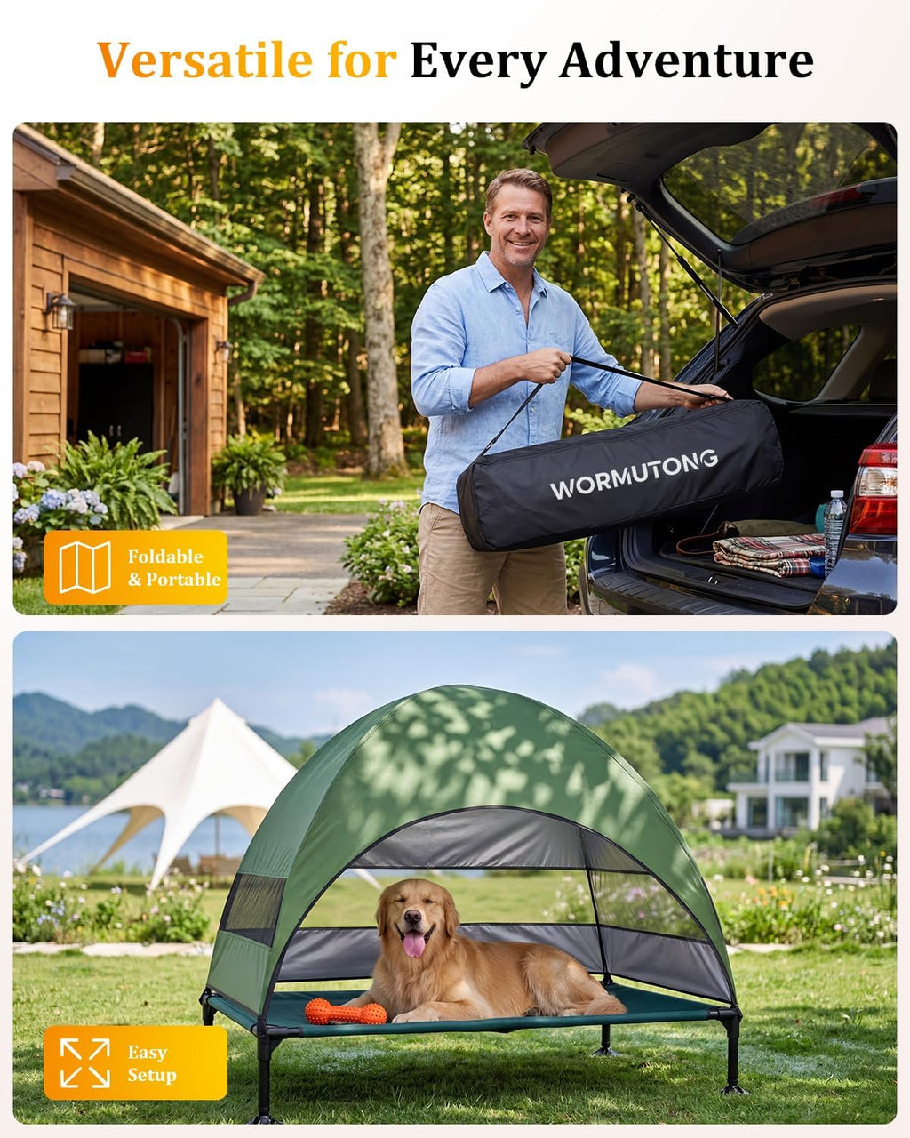 Elevated Outdoor Dog Bed with Canopy, Raised Dog Cot with Stable Adjustable Feet, Dog Camping Bed with Larger Shade, Lifted Dog Tent Bed with Canopy for Outside (Green, Large)