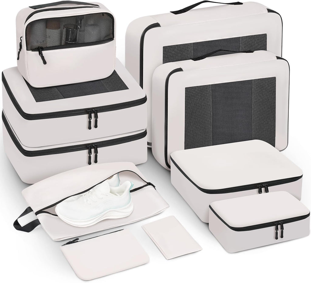 Mesh Packing Cubes for Travel, Durable Luggage Organizer with Sturdy Material and Double Zippers, Comprehensive Set for Travel Accessories Storage, 10 set, cream