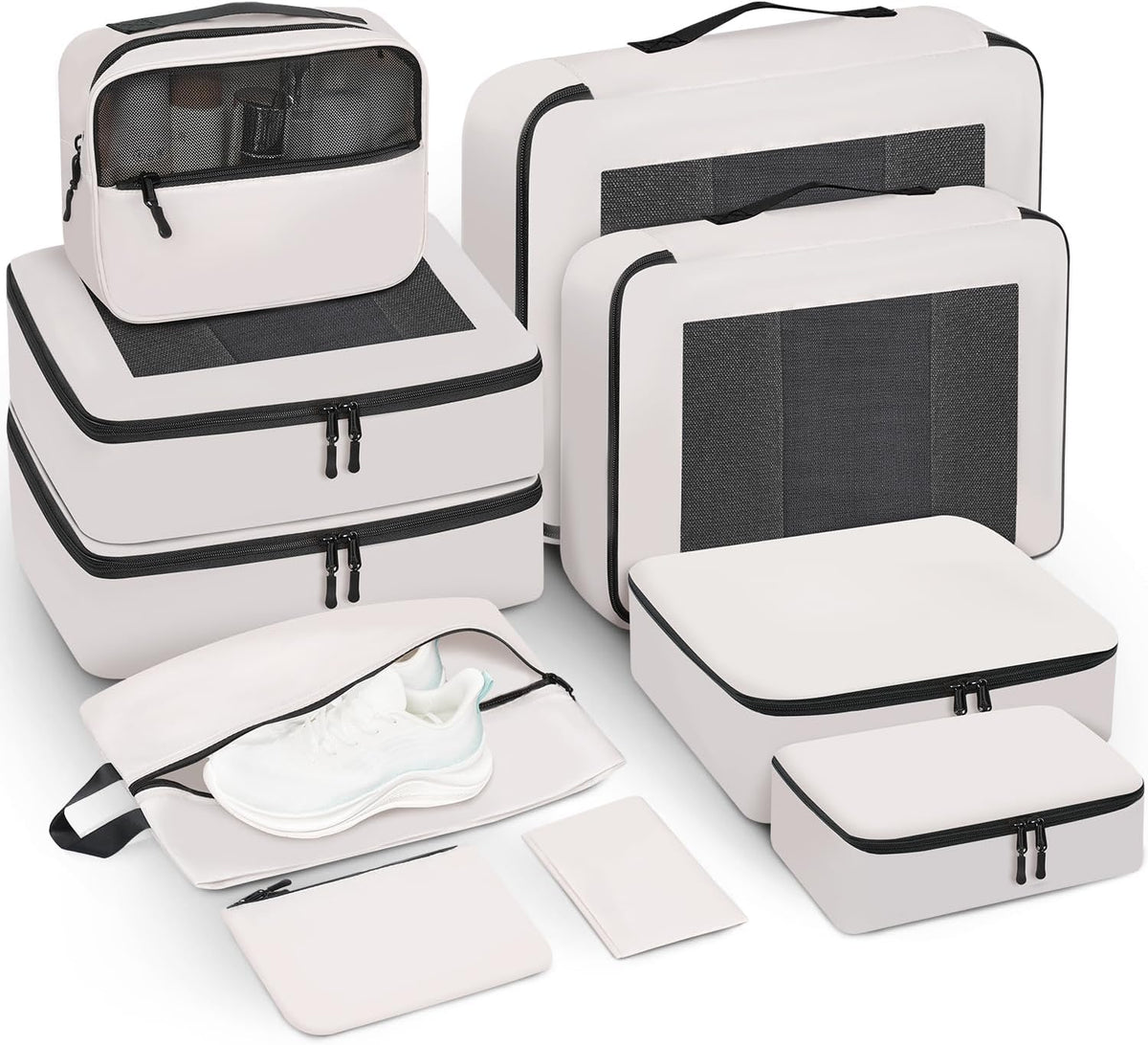 Mesh Packing Cubes for Travel, Durable Luggage Organizer with Sturdy Material and Double Zippers, Comprehensive Set for Travel Accessories Storage, 10 set, cream