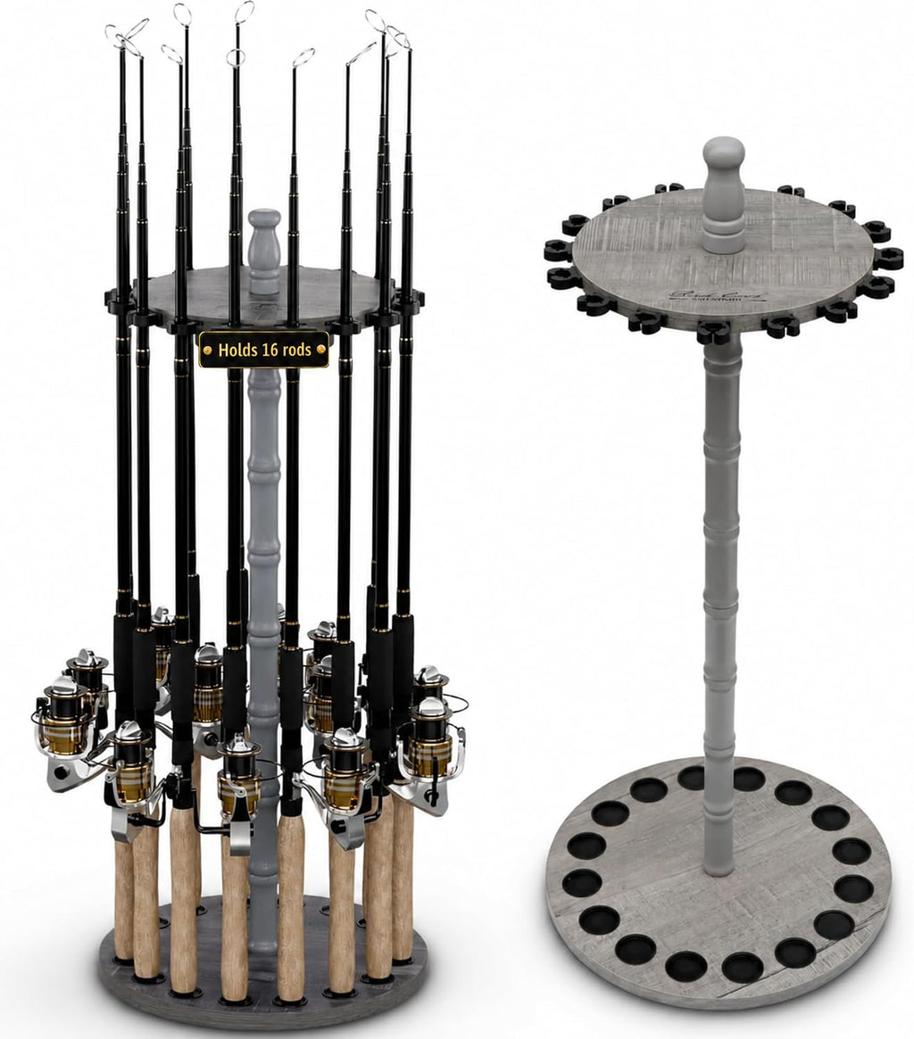 Rush Creek Creations 16-Rod Round Fishing Rod Holder for Garage, 360° Access Fishing Pole Holder for Fishing Rods, Reels, and Gear, Securely Holds 16 Rods, Barnwood