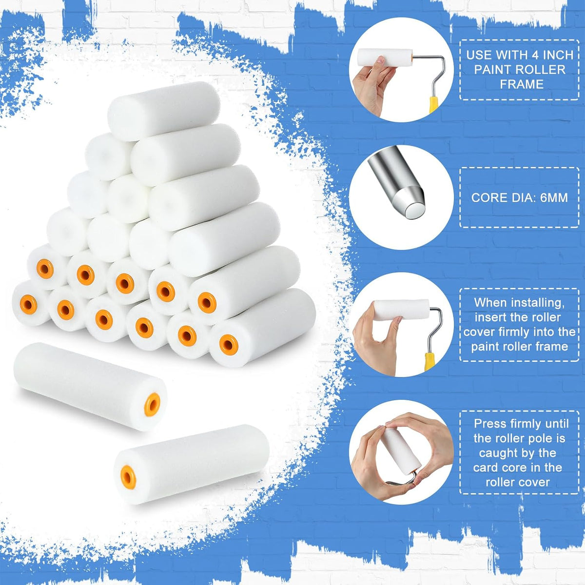 Nuogo 120 Pcs 4 Inch Foam Paint Roller Refills Mini High Density Roller