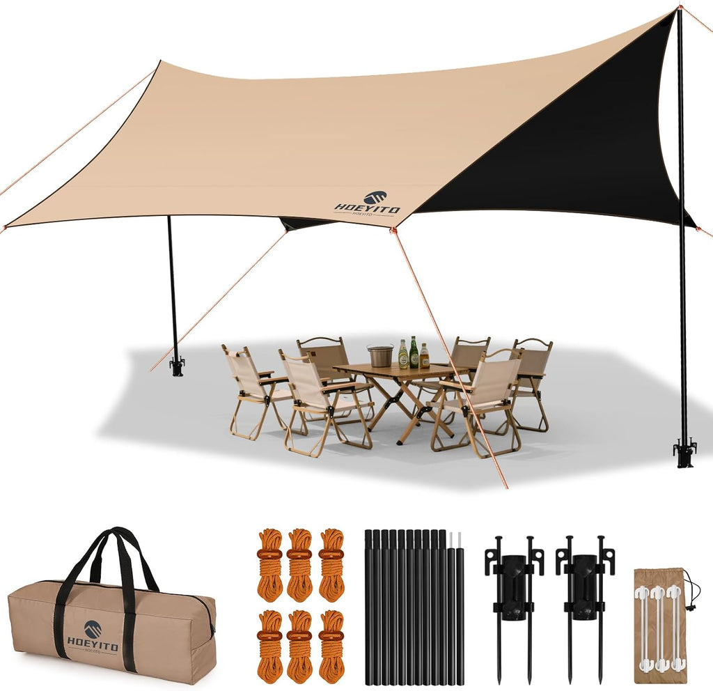 Camping Tarp with Poles & Retainer, 15x12.5FT Large Waterproof 210D Oxford Cloth Camping Canopy, Anti-UV UPF100+ Camping Awning Tent Tarp Car Awning for Outdoor, Picnic, Car, Hammock (Army Green)
