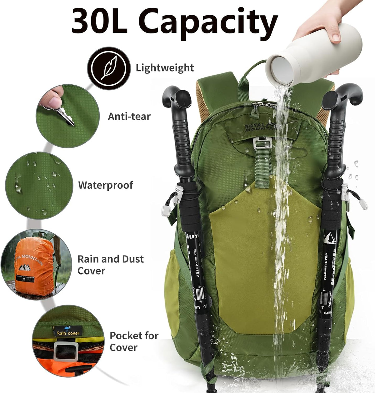 30L Hiking Backpack With Rain-Cover, Lightweight Packable Backpack For Women Men, Hiking Daypack Backpacks Fit For Camping, Sports, Daily Commuting, Short Trips (Green)