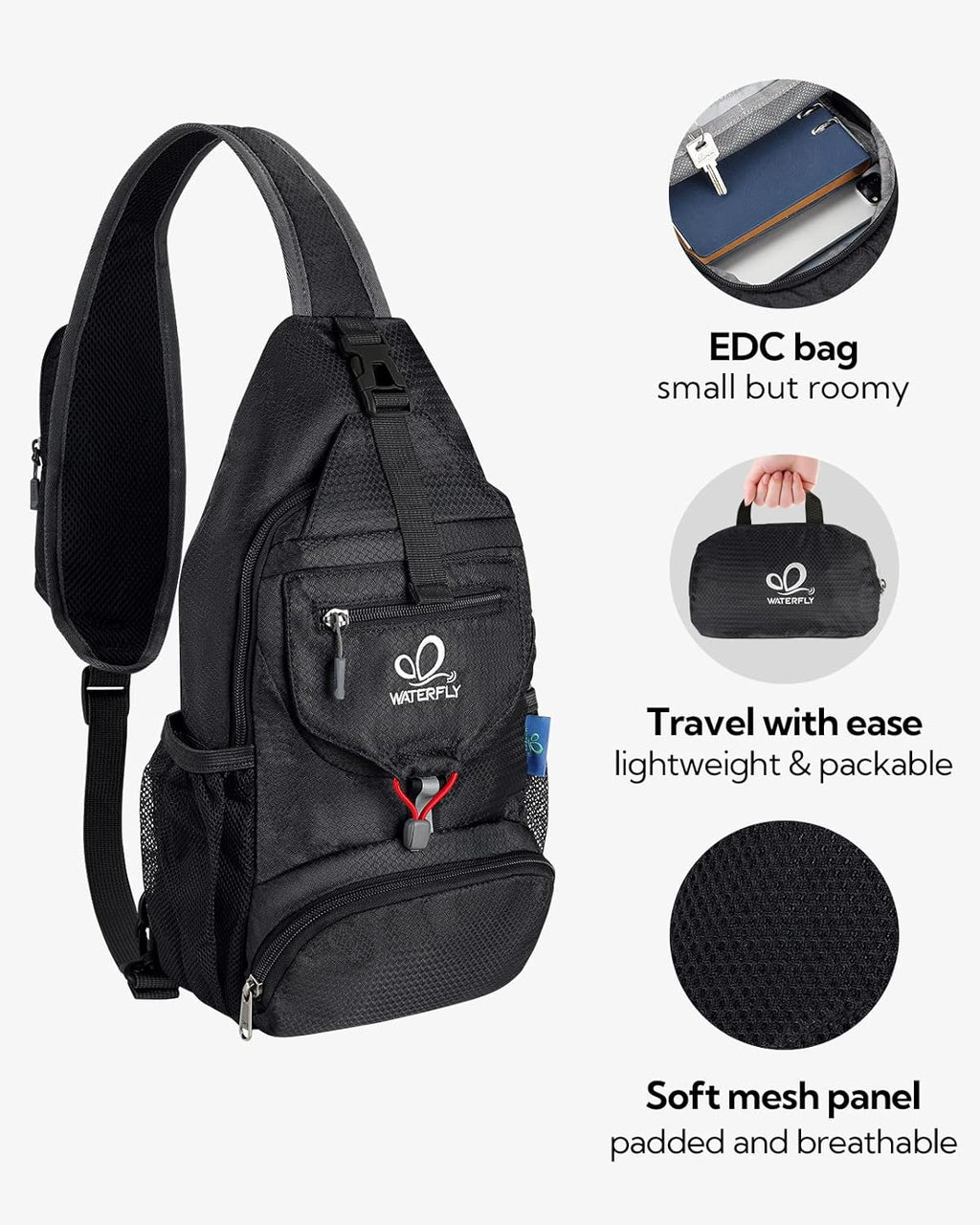 WATERFLY Packable Sling Backpack Lightweight Crossbody Bag Travel Daypack