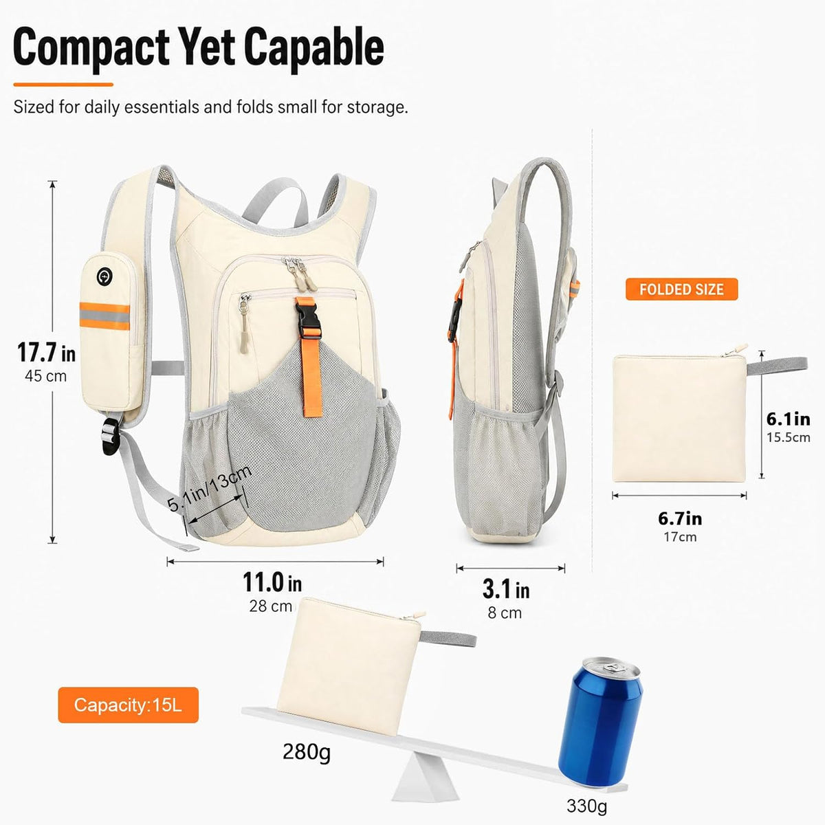 15L Small Hiking Backpack, Lightweight Packable Foldable Casual Backpack for Women Men (Beige)