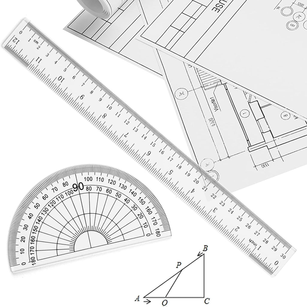Coopay 12 Inch Math Geometry Tool Plastic Ruler Square Set Includes Straight Ruler, Triangles, Protractor, Compass, Pencil Lead, Pencil Sharpener for Student School Home Office Supplies