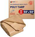 Tarps Now 50x50 Feet Heavy Duty Waterproof Poly Tarp | 12 MIL Reinforced Tarp with Aluminum Grommets | General-Purpose Brown Tarp Cover