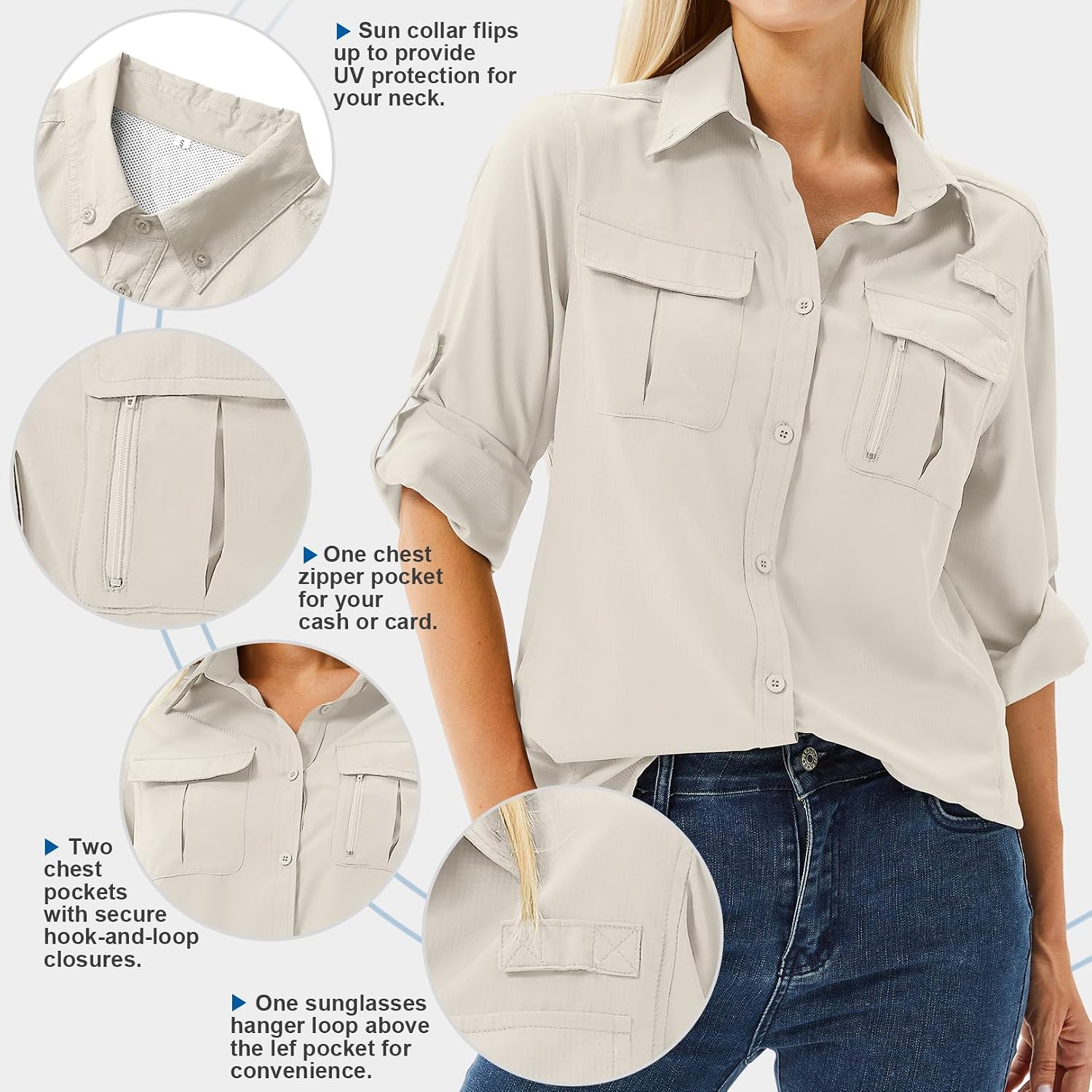 Women's UPF 50 Long Sleeve Sun Protection Safari Fish Hiking Shirts