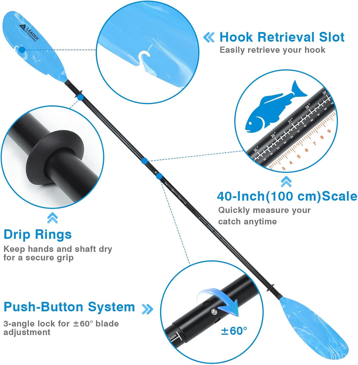 Leader Accessories Adjustable Kayak Paddle 90-98in for Fishing Adults Youth