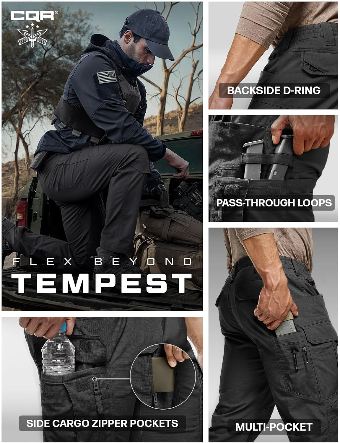 CQR Men's Flex Stretch Tactical Pants, Water Resistant Ripstop Cargo Pants, Lightweight EDC Outdoor Work Hiking Pants