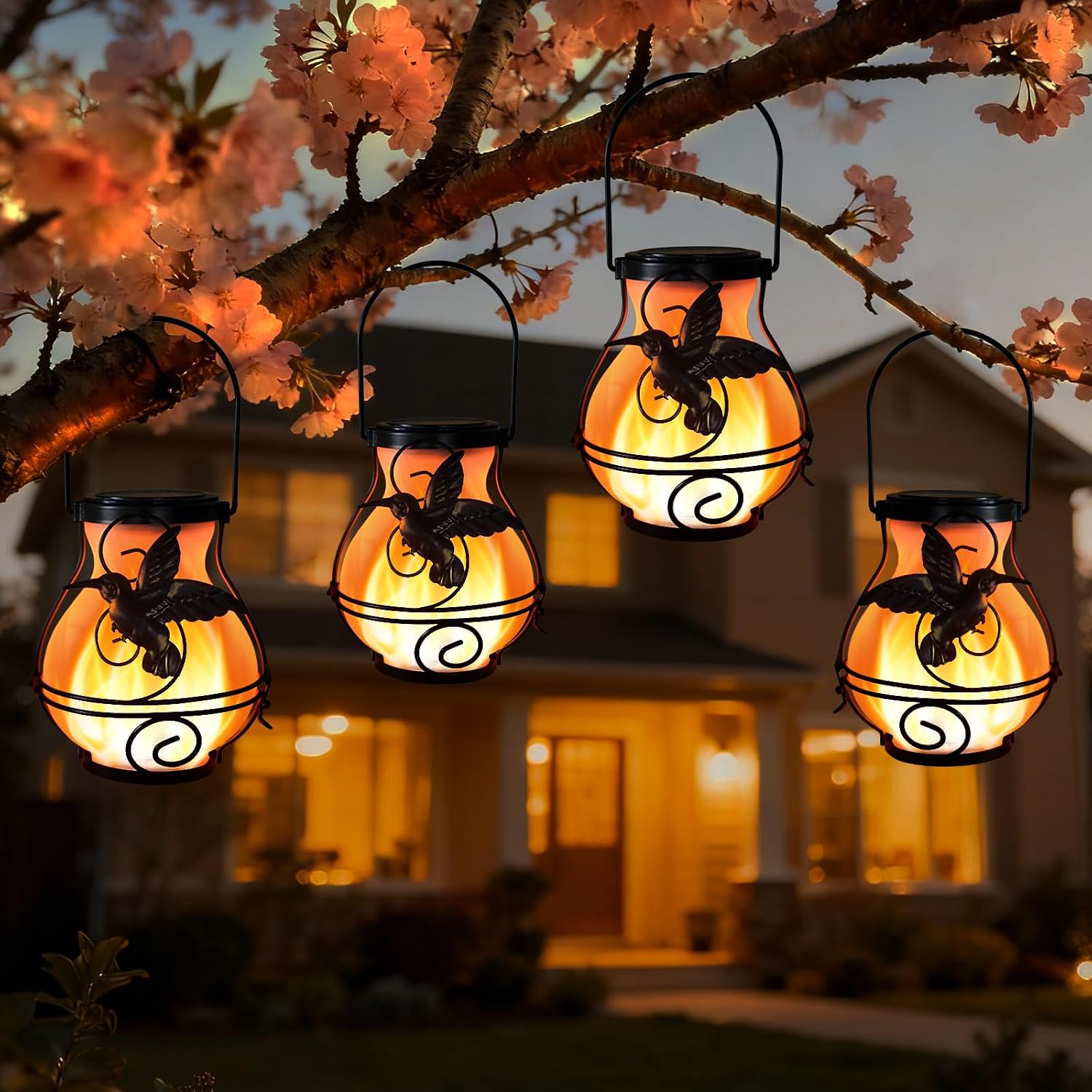 2 Pack Solar Lanterns Outdoor Waterproof Flickering Flame Lights Hummingbird Metal Hanging Solar Lantern Patio Porch Garden Decoration