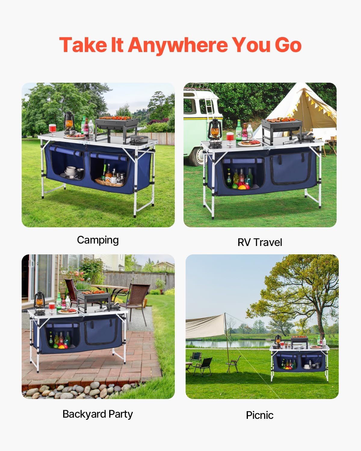 VEVOR Camping Kitchen Table, Folding Outdoor Cooking Table, 3 Adjustable Height, Aluminum Lightweight Portable Cook Station with Storage Organizer, Carry Handle, for BBQ Party Picnic RV Travel, Blue