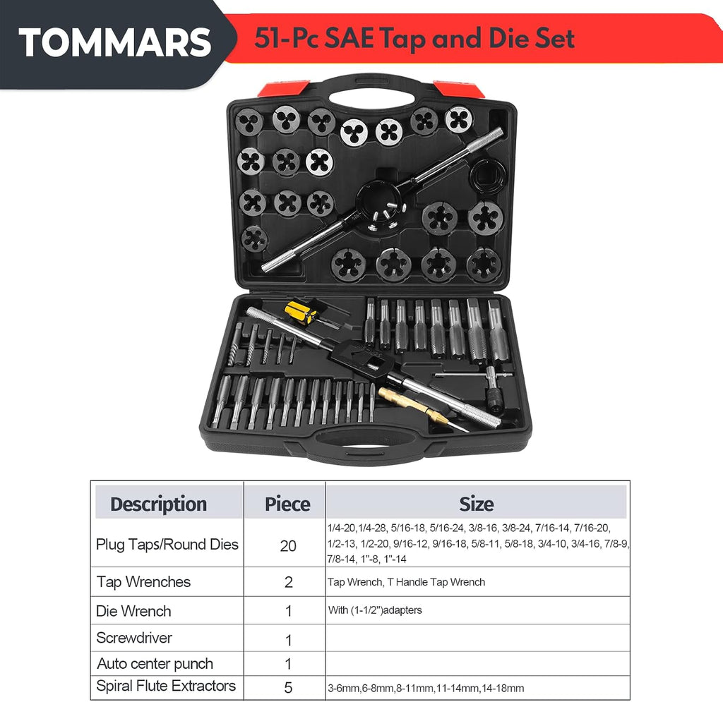 TOMMARS 51Pcs Jumbo Tap and Die Set, 1/4-20 to 1-14 SAE Threading