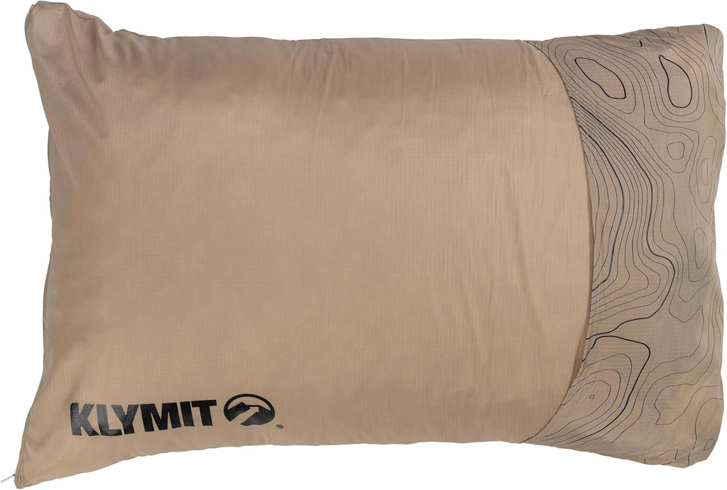 KLYMIT Drift Camping Pillow | Lightweight, Travel Head Rest for Sleep Filled with Shredded Memory Foam, Reversible Outer Cover for Extended Use, Regular Size — Tan