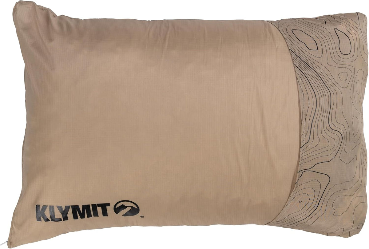 KLYMIT Drift Camping Pillow | Lightweight, Travel Head Rest for Sleep Filled with Shredded Memory Foam, Reversible Outer Cover for Extended Use, Regular Size — Tan