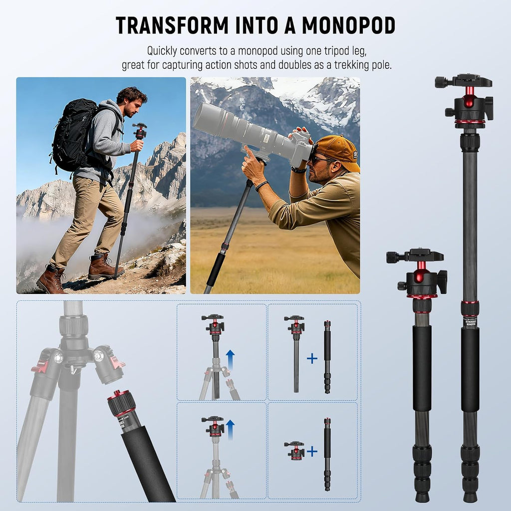 NEEWER Basics Carbon Fiber Travel Tripod Monopod, 64" Compact Lightweight Portable Camera Cell Phone Holder Stand Compatible with iPhone Video Recording, Arca Type Ball Head, Max Load 13.2 lbs, TP17B
