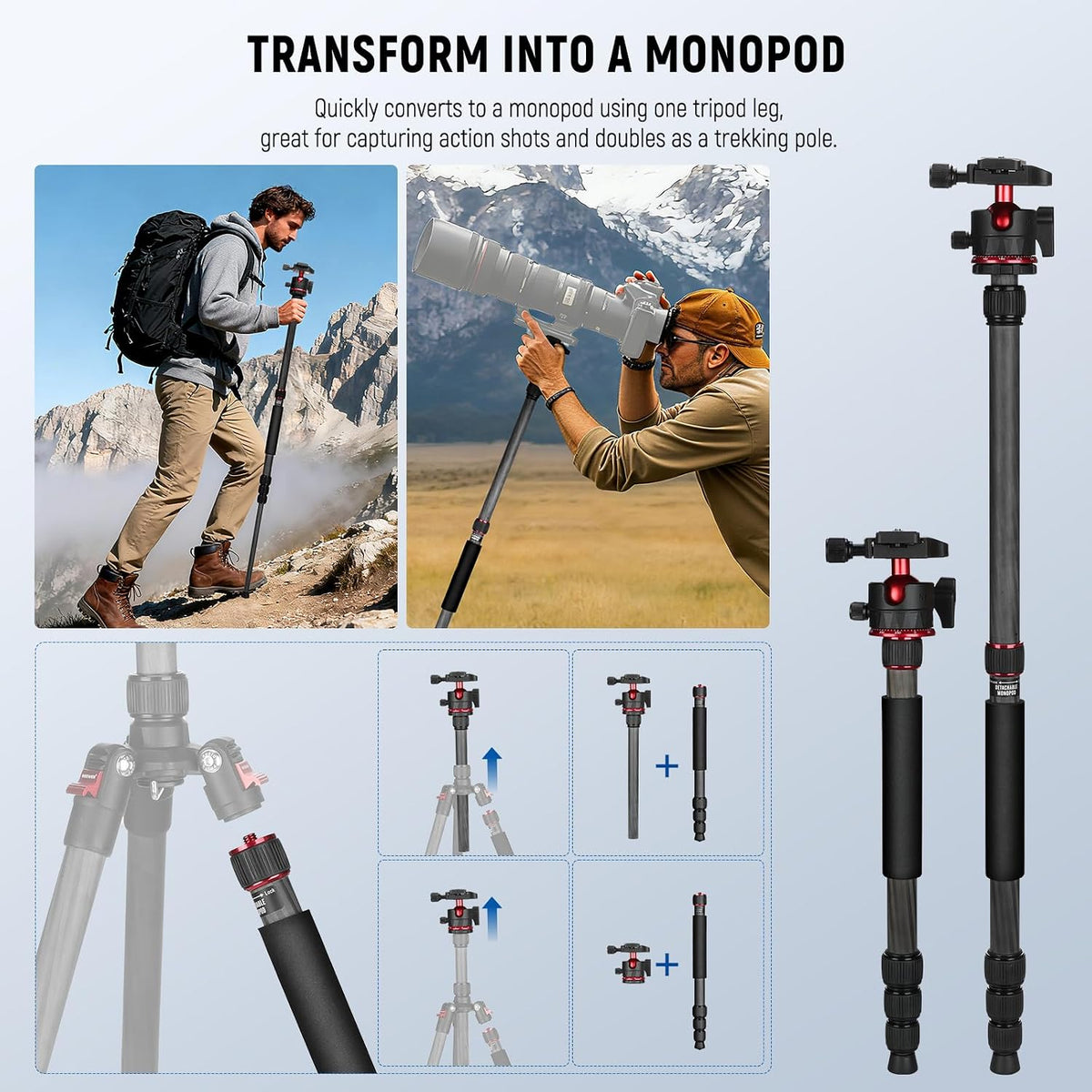 NEEWER Basics Carbon Fiber Travel Tripod Monopod, 64" Compact Lightweight Portable Camera Cell Phone Holder Stand Compatible with iPhone Video Recording, Arca Type Ball Head, Max Load 13.2 lbs, TP17B