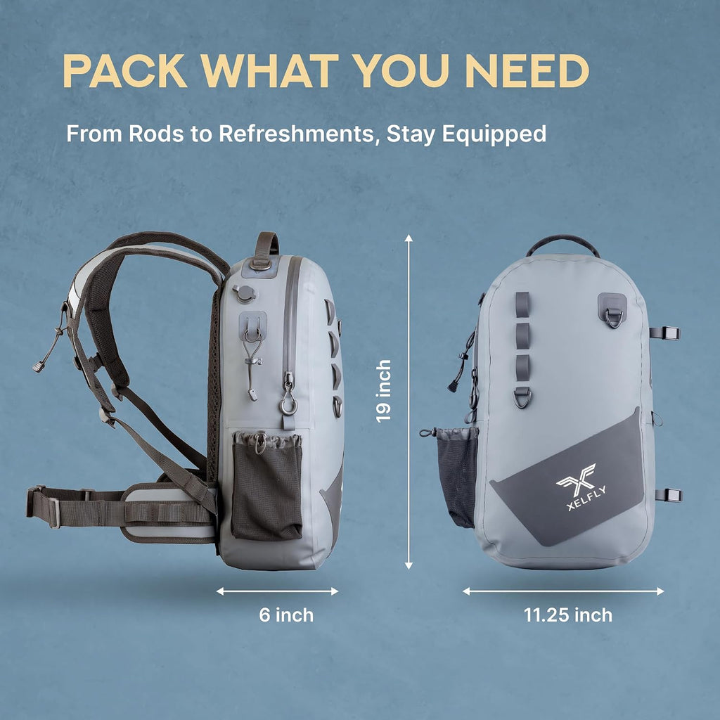 Xelfly - Waterproof Fishing Backpack with Rod Holder, Inflatable Air Valve, Padded Waist Straps & Gear Loops - Submersible Zipper, Rugged Top Handle, Adjustable Attachments (Blue)