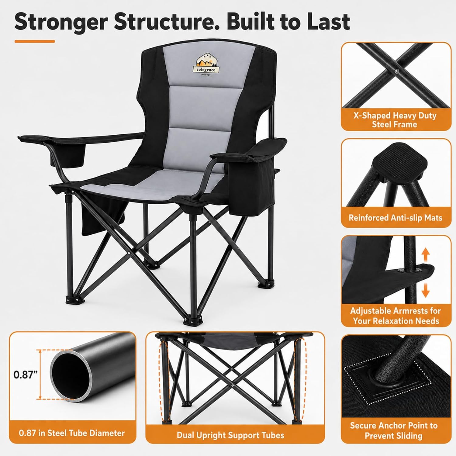 Colegence Oversized Heavy Duty Camping Chairs, 2 Pack, 450 lb, Black