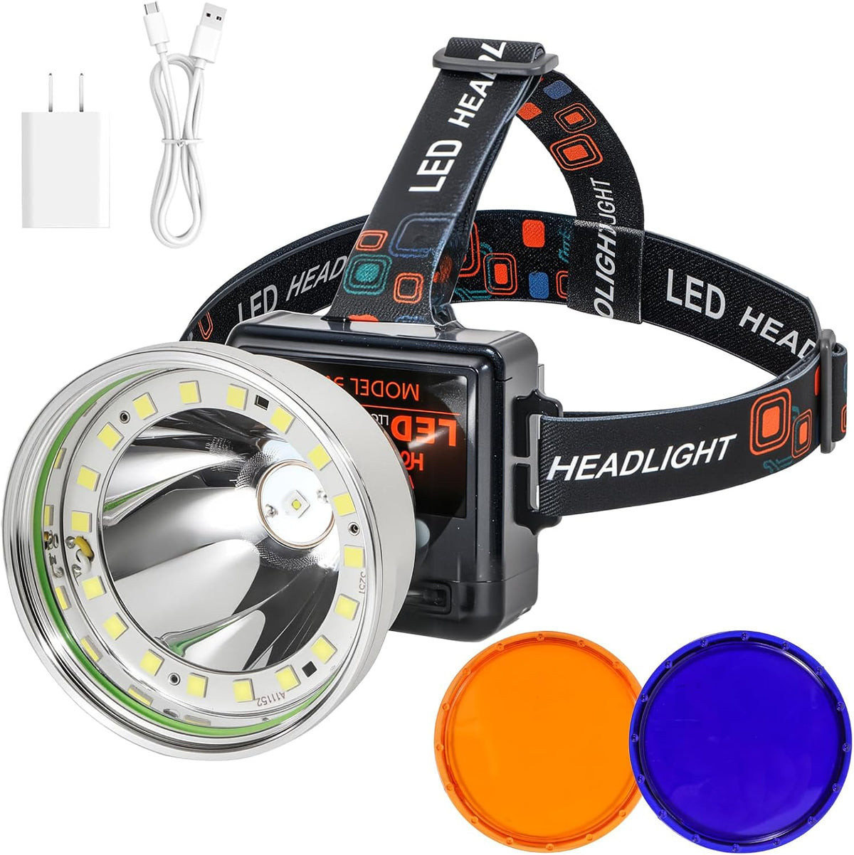 Rechargeable LED Headlamp with Flood and Spot Beam, Power Display, 4 Lighting Modes, Yellow/Blue Filter Lens, High Lumen Outdoor Waterproof Head Torch for Fishing, Hunting, Hiking, Outdoor Activities
