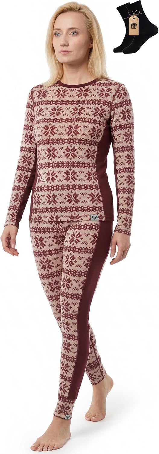 100% Merino Wool Base Layer Set Women - Thermal Underwear Long Johns PJs