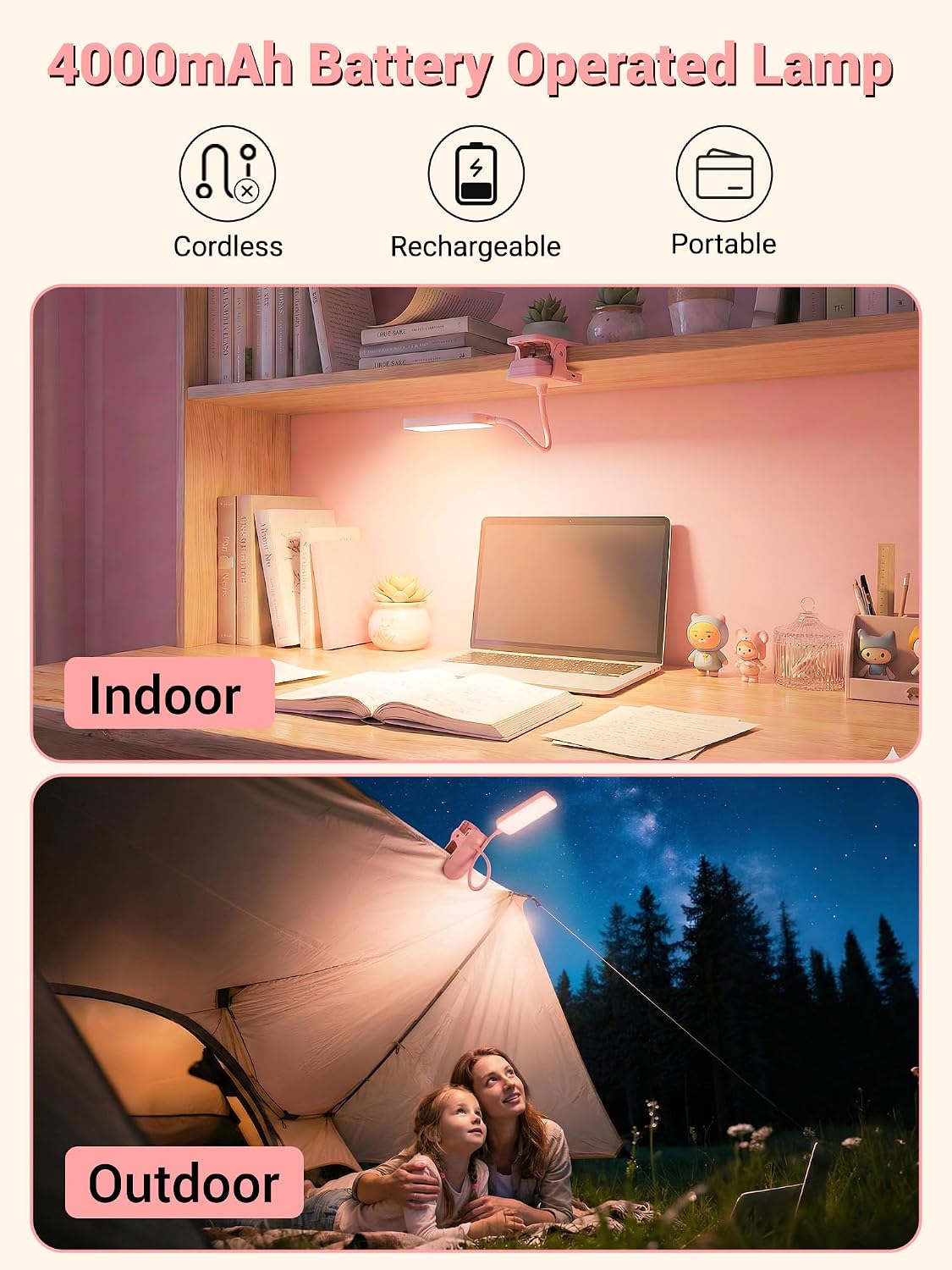 Pink Desk Lamp Cute Clip on Lamp,45 Modes Dimmable+450 Lumen Clip on Light