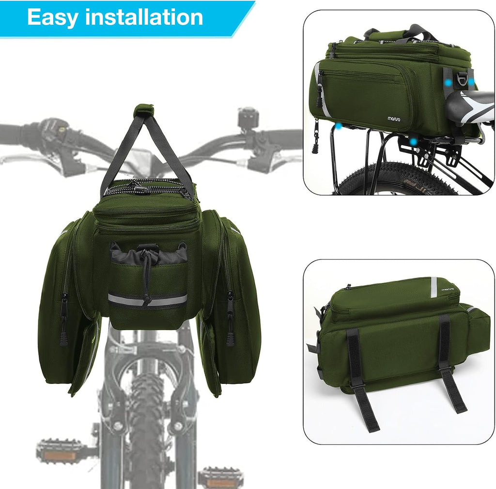 MOSISO Bike Rack Bag with Rain Cover, Bike Trunk Cooler Handag,Army Green | Insulated Bicycle Rear Seat Pouch with 2 Side Foldable Panniers, 8L Cycling Backseat Storage Cargo Saddle Shoulder Bag