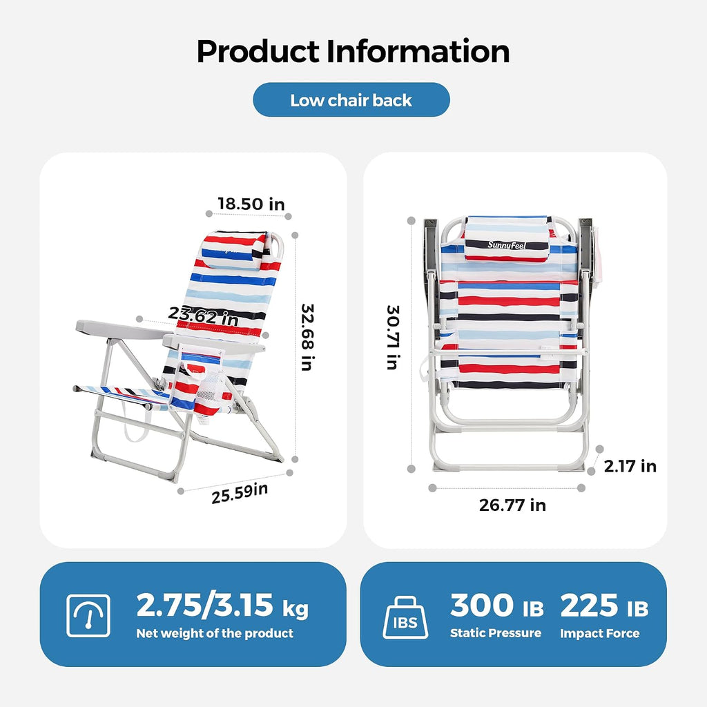 SUNNYFEEL Portable Beach Chair, Folding Low Back Beach Chair, Lightweight Camp Chair with Reclining Position, Backpack Lounger for Beach, Camping, Lawn, Outdoor, Red Blue White Striped, 2 Pack
