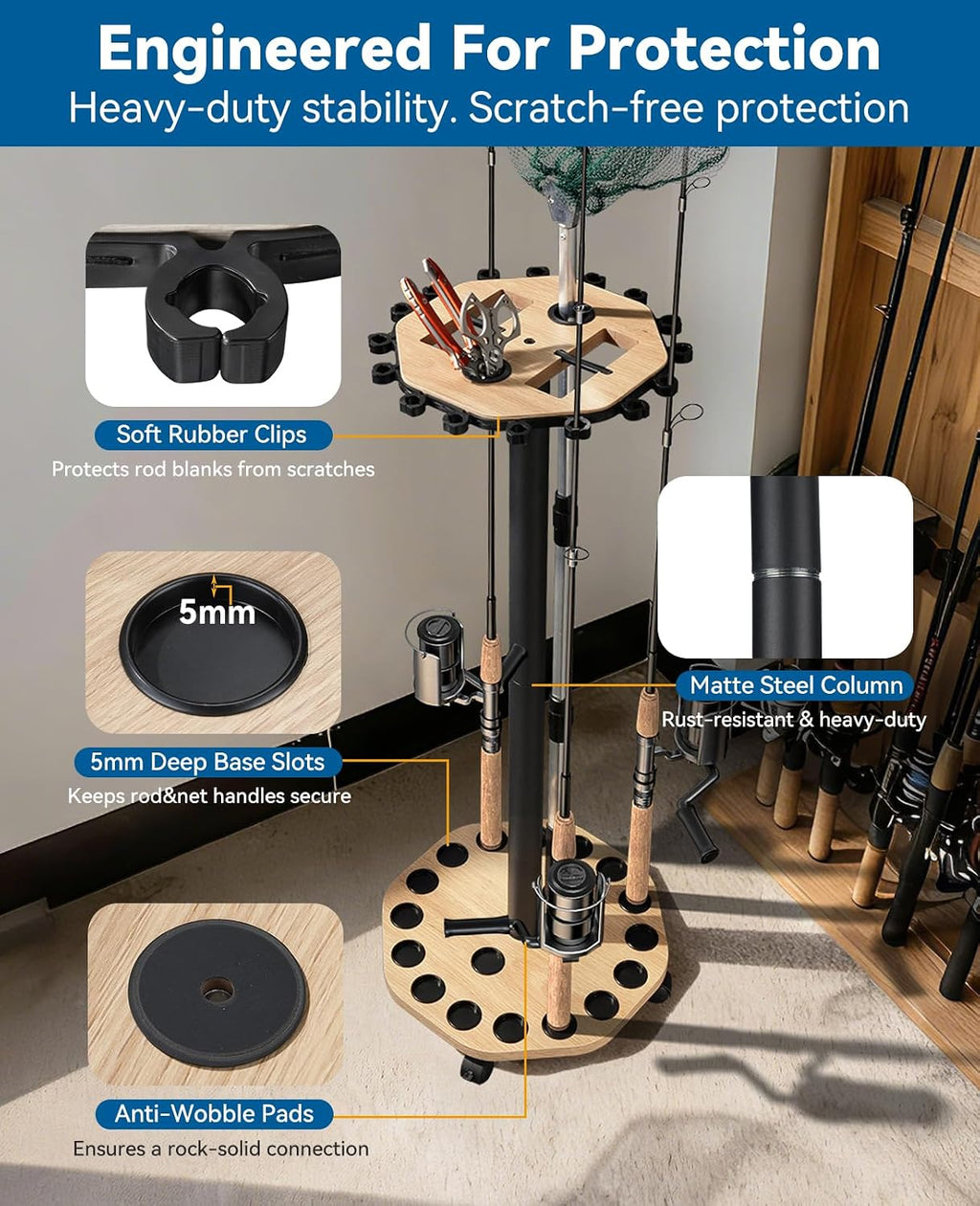 KEXMO Fishing Rod Holder Pole Rack for Garage with Wheels