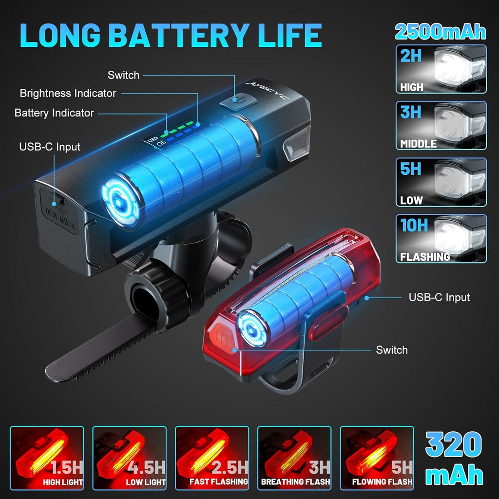 APECYC Bike Lights, Rechargeable Bicycle Light for Night Riding, Bike Front Headlight and Back Taillight with 4+5 Light Modes, Waterproof Bike Light Set for Mountain Road & Commuter Cycling