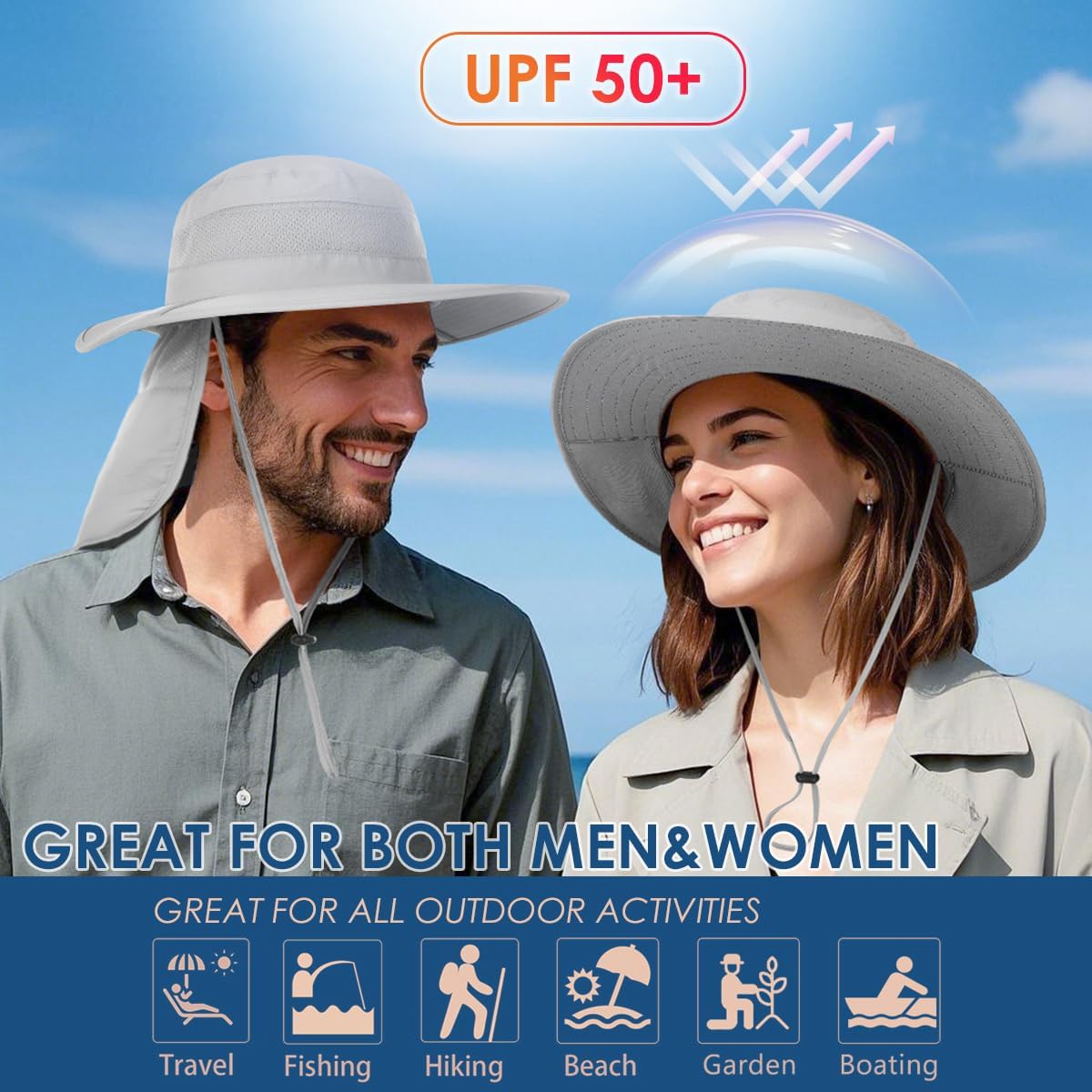 Men&Women Foldable Outdoor Sun Hat with Packable Neck Flap, UV Sun Protection Wide Brim Safari Cap
