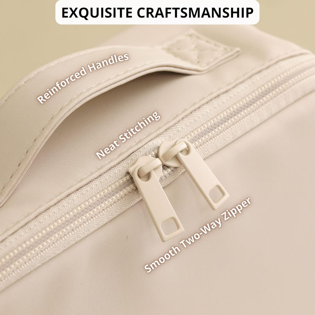 tianzong Travel Makeup Bag with Magnetic Fold-Down Flap, Waterproof Leather Cosmetic and Toiletry Organizer for Women, Multi-Zone Standing Storage, Cream, X-Large