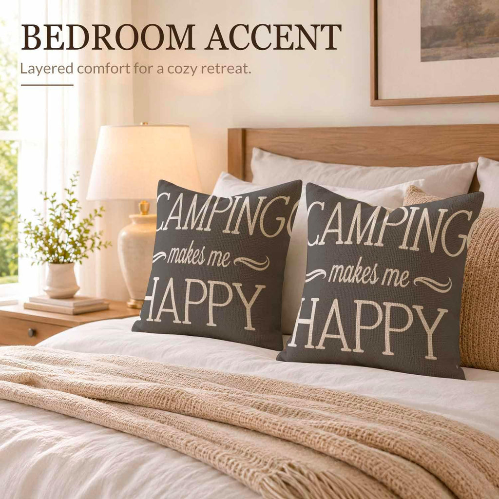 Camping Makes Me Happy Pillowcases Set of 2 18x18 Gray Background Throw Pillow Covers Pillow Cushion Case Polyester Linen for Sofa Couch Bedroom Living Room Car