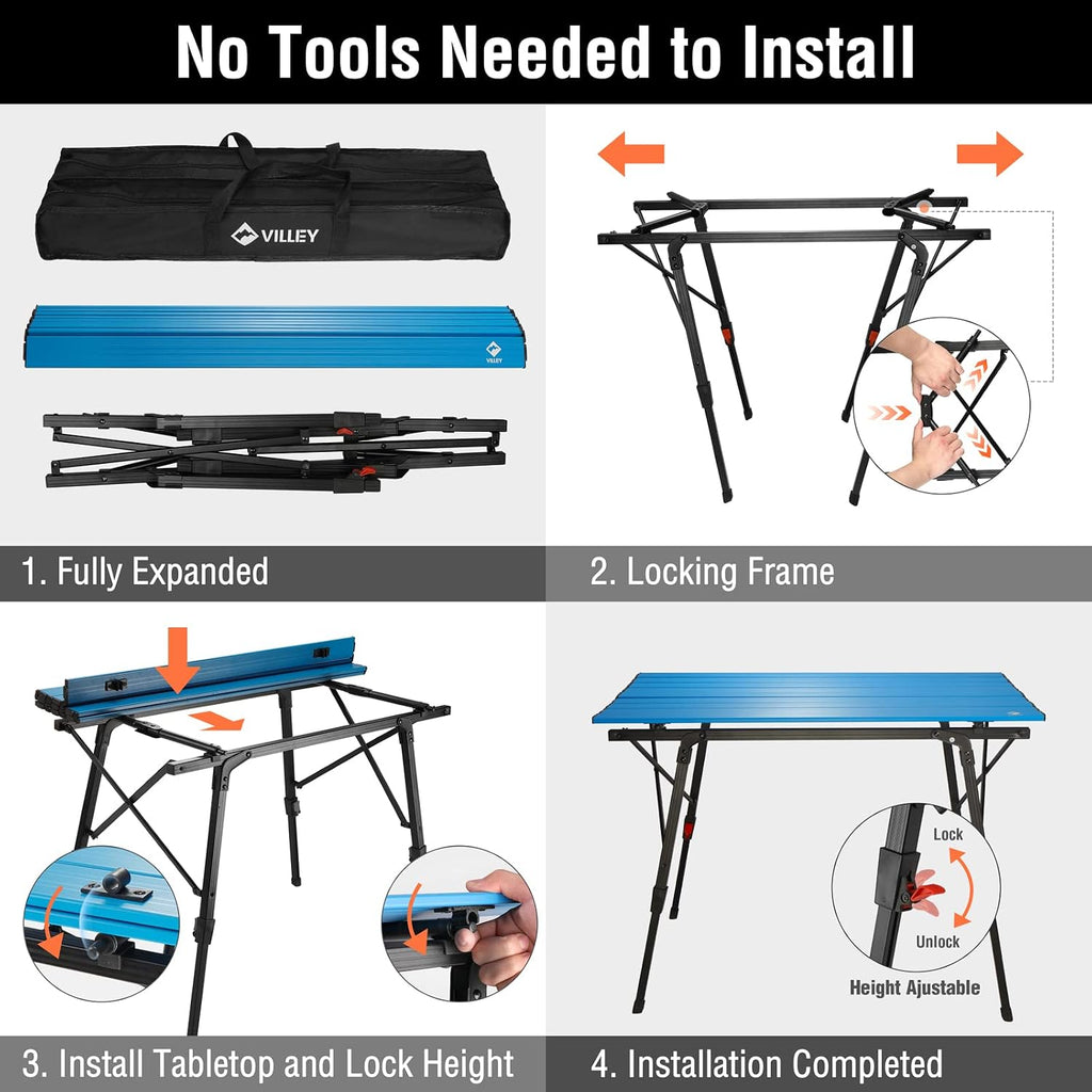 VILLEY Portable Camping Table with Adjustable Legs, Aluminum Folding Table