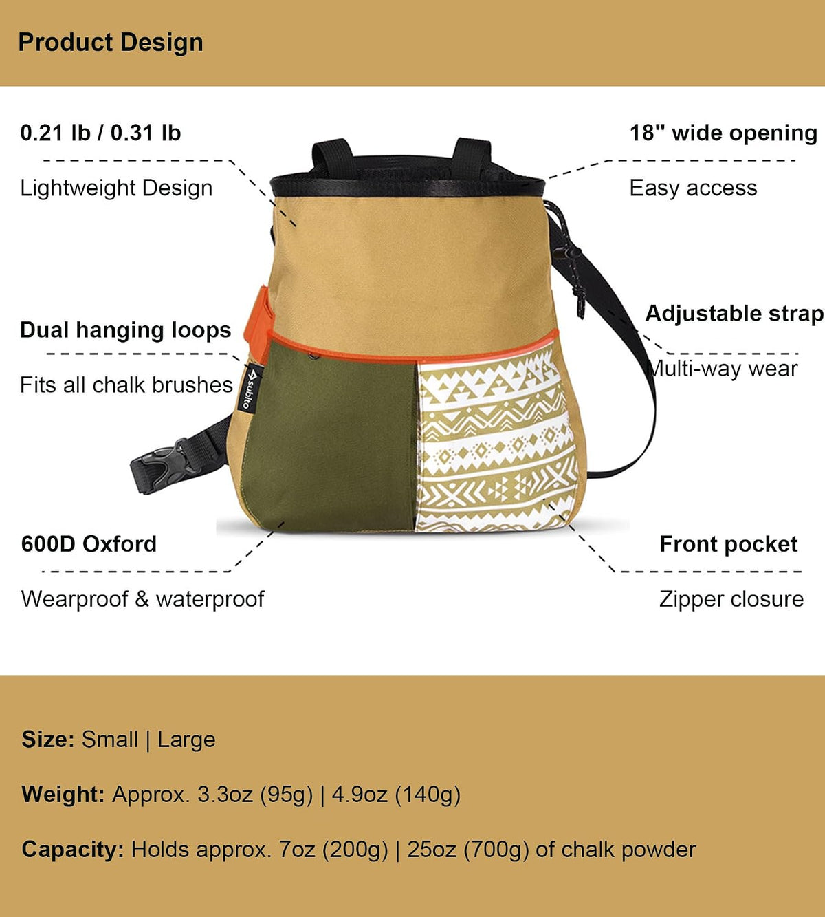 Climbing Chalk Bag, Large Capacity Rock Climbing Chalk Bag for Bouldering, Weightlifting, Gym, Disc Golf & Wall Climbing, Durable Bouldering Chalk Bucket