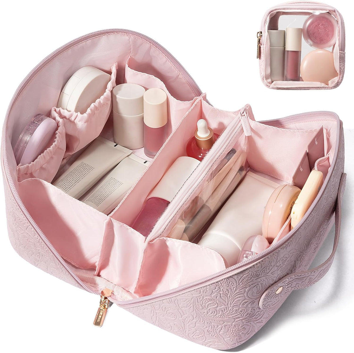 LOVEVOOK Travel Makeup Bag for Women, 2Pcs Large Capacity Cosmetic Organizer Bag, Waterproof PU Leather, Flat Open Portable Small Toiletry Pouch for Skincare, Brushes
