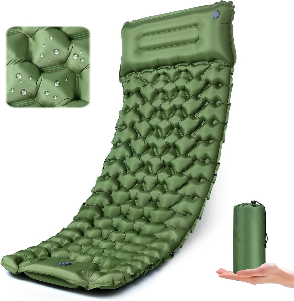 Sleeping Pad,Inflatable Camping Mat with Pillow & Foot Pump-Green