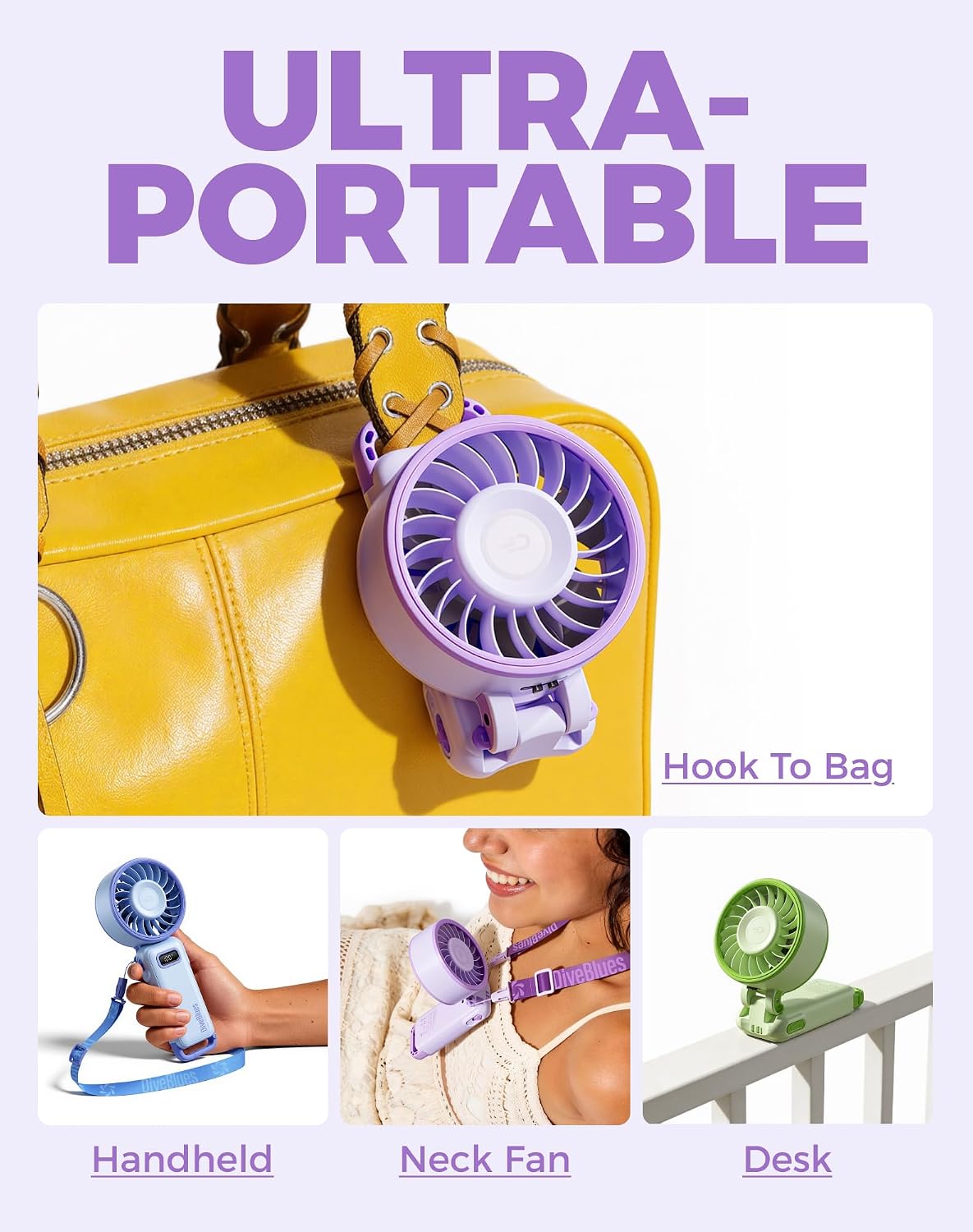Diveblues Portable Turbo Fan, 100 Speed Handheld Fan with Strong Airflow, Foldable 4 in 1 Personal Fan for Neck, Desk & Travel, USB-C Rechargeable, Lightweight for Summer, Concerts & Outdoor Use