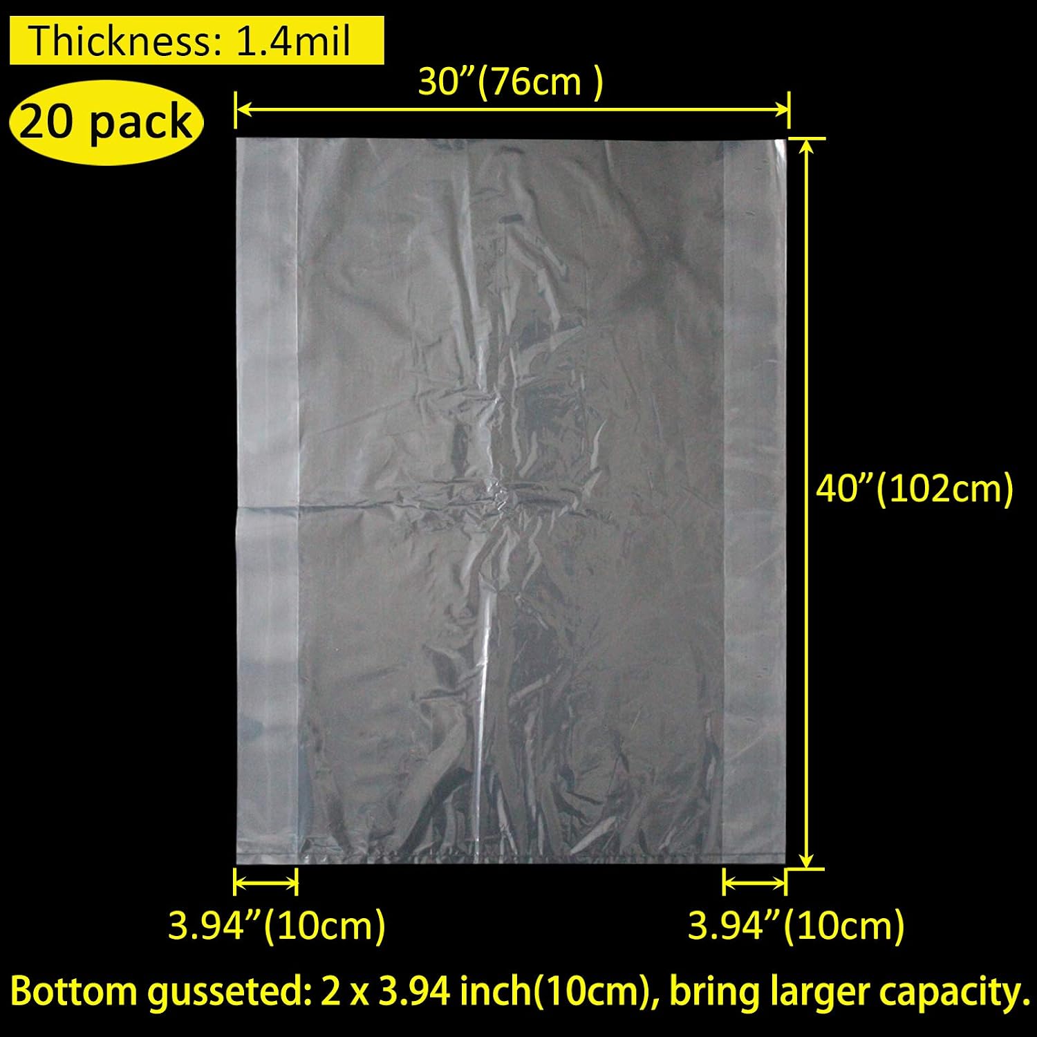 20 Pack 30 x 40 inch 1.4 Mil Clear Plastic Flat Poly Bags Clothing Merchandise Bags Good for Food, Proving Bread, Dough, Clothes Packaging, Storage, Gift Bag