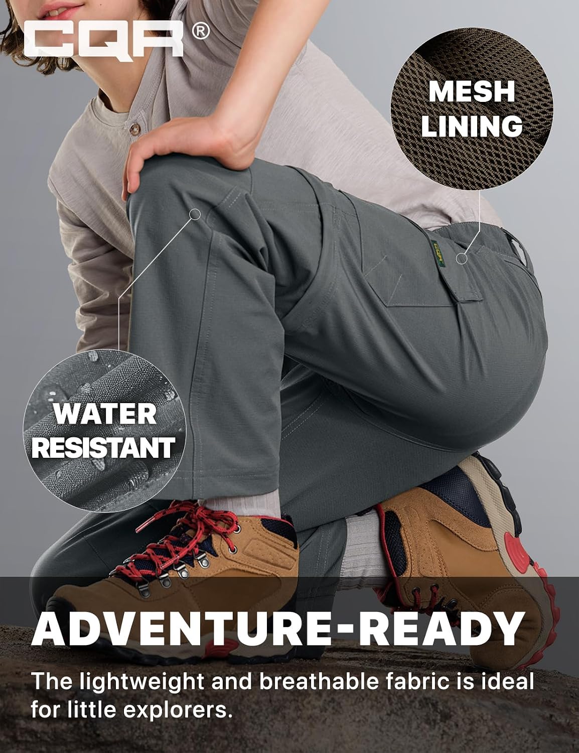 CQR Kids Youth Hiking Cargo Pants, UPF 50+ Quick Dry Convertible Zip Off Pants, Outdoor Camping Pants