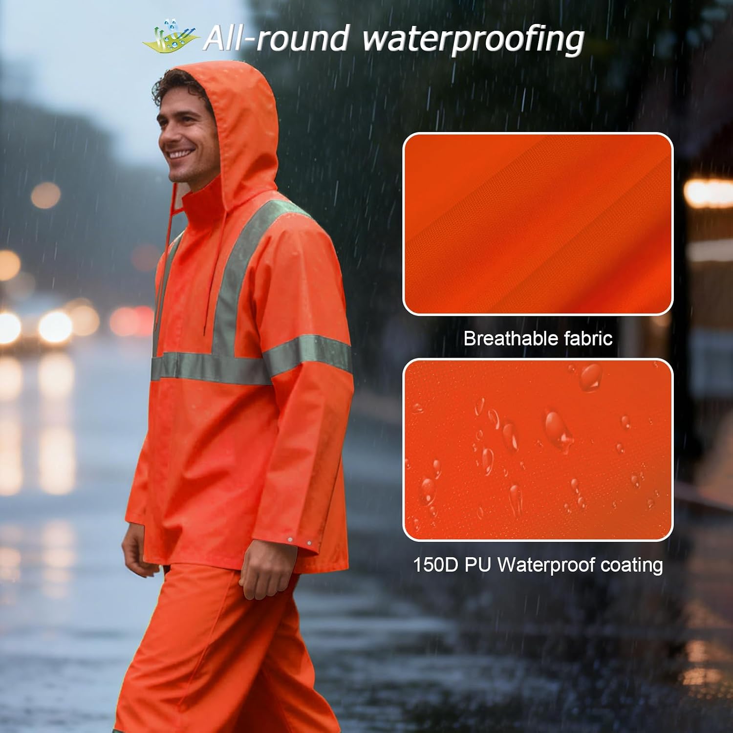 Safety Rain Pants Hi Vis Rain Gear, Waterproof, Orange, 2XL-3XL