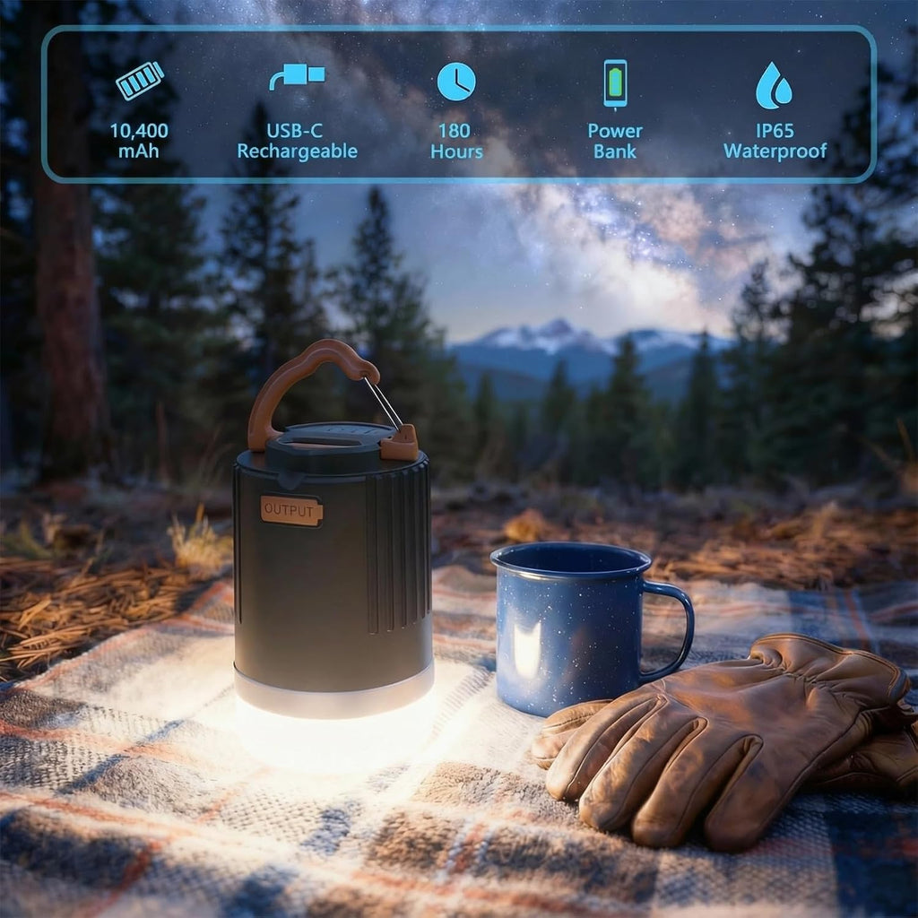 Camping Lantern for Power Outages IP65 Waterproof Camping Lights 10400mAh Portable USB-C Rechargeable 180H Ultra-Long Runtime Emergency Light